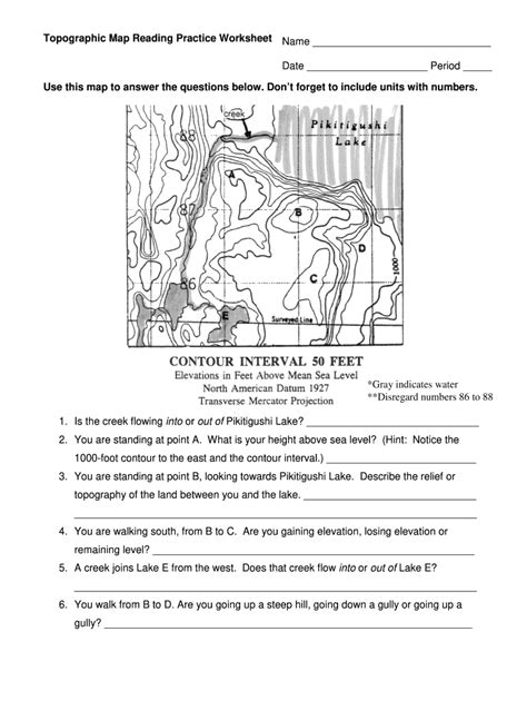 topographic map practice worksheet answer key pdf